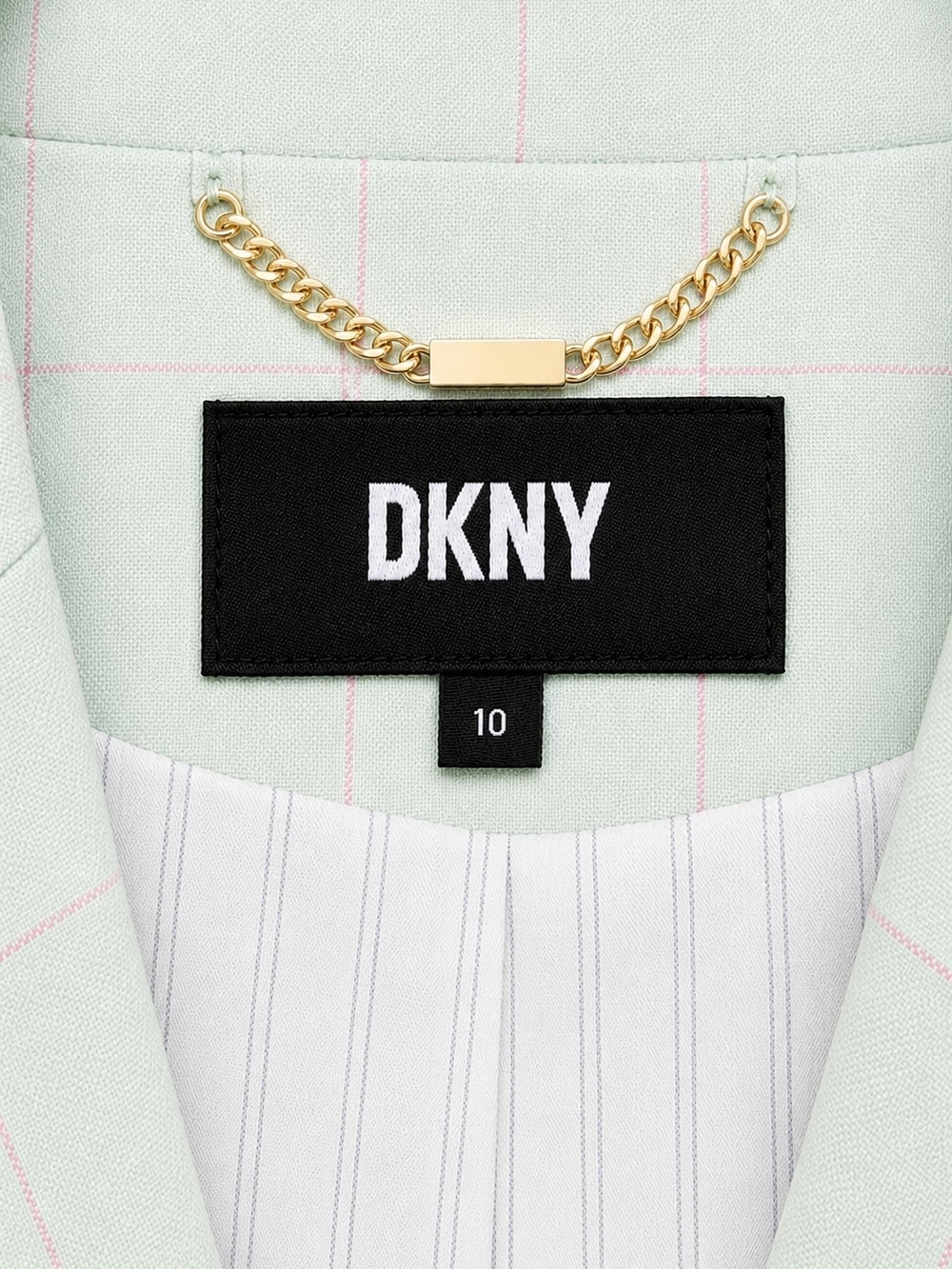 DKNY Mint Green Windowpane Double-Breasted Blazer | Gold Logo Buttons | Size 10 - Picture 5 of 10